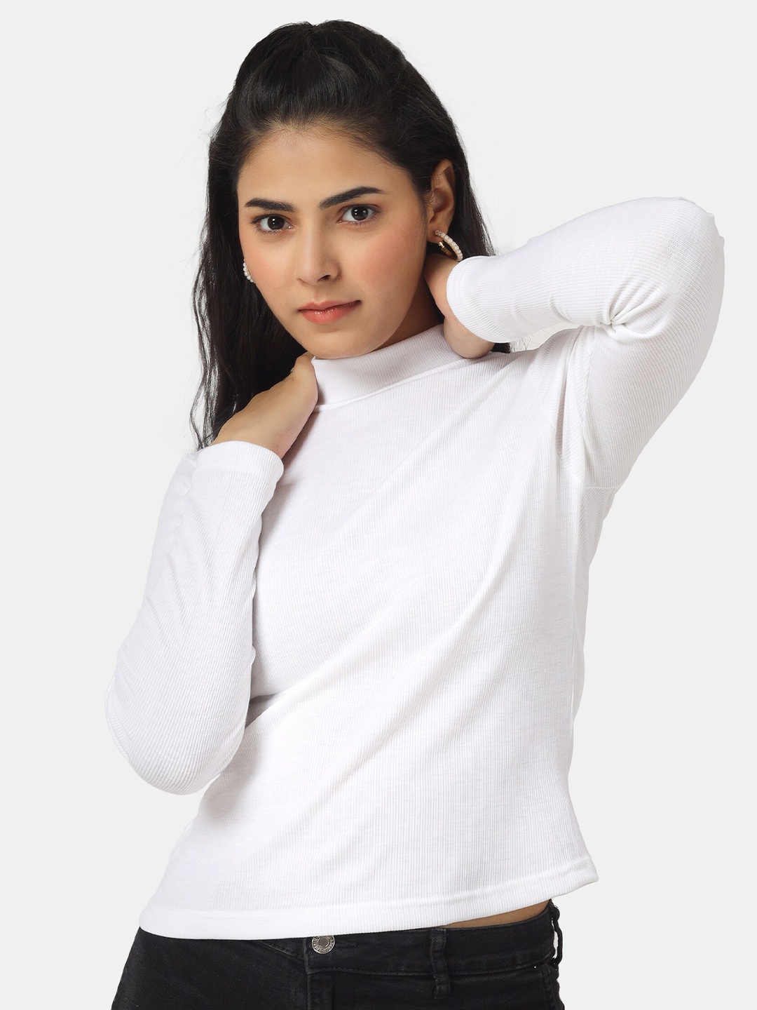 

angloindu Women High Neck Slim Fit T-shirt, White