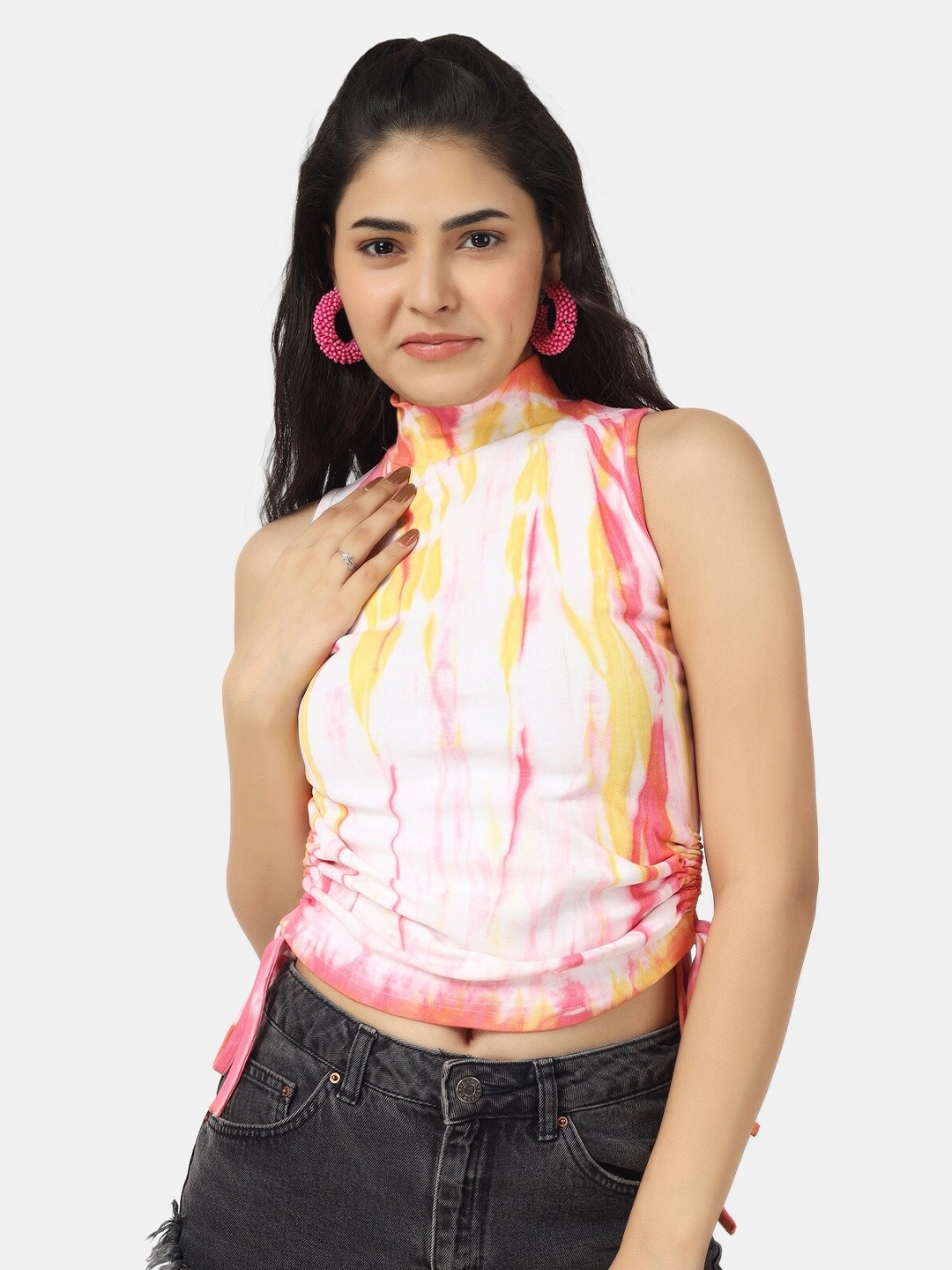 

angloindu Women Tie and Dye Dyed Slim Fit T-shirt, Pink