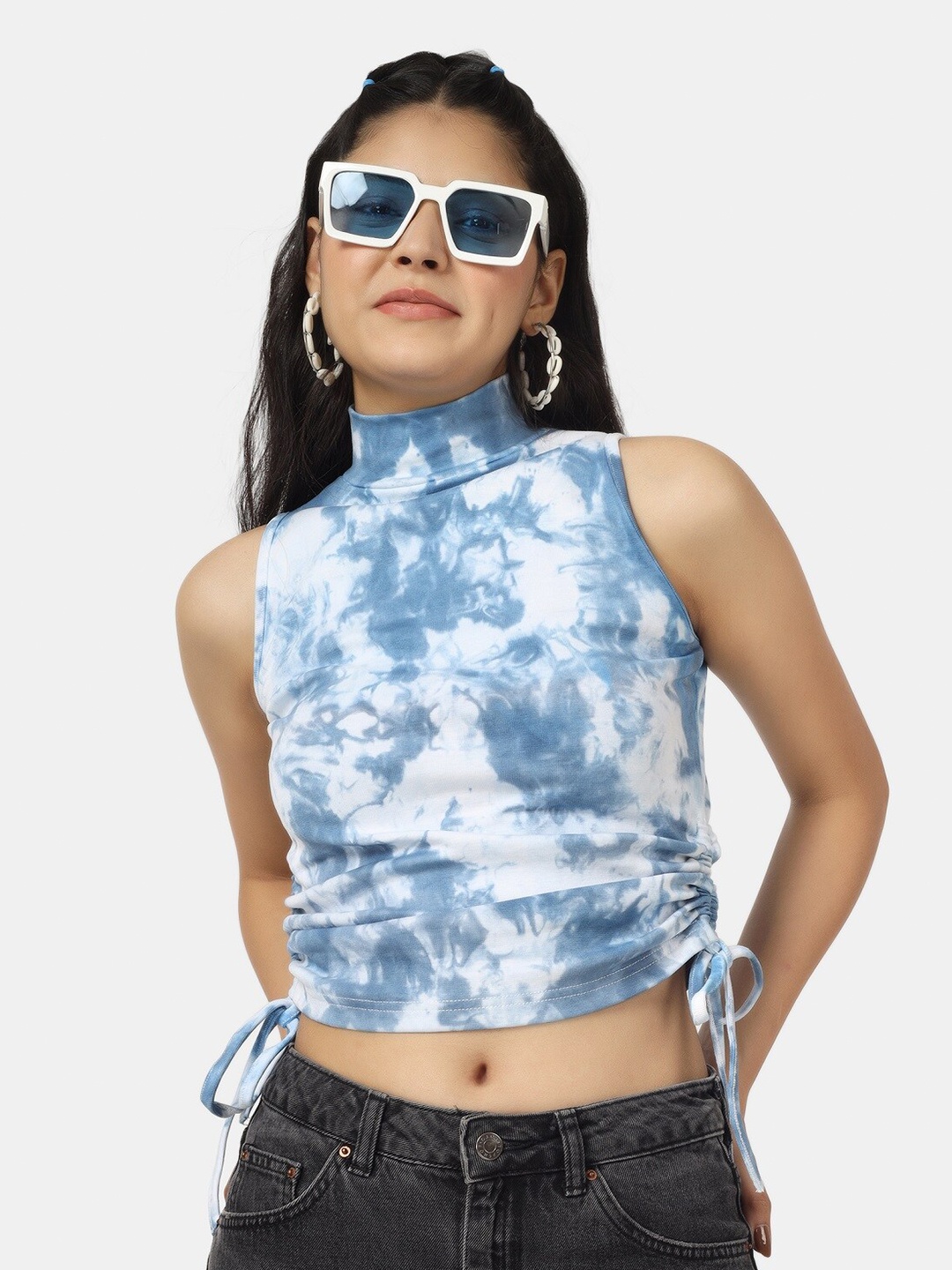 

angloindu Women Tie and Dye Dyed High Neck Slim Fit T-shirt, Blue