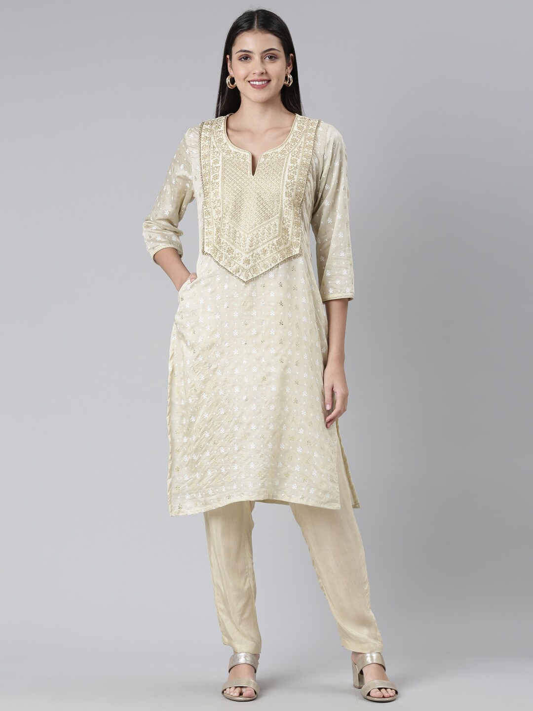 

FLAVIDO Women Floral Embroidered Sequinned Pure Cotton Kurta with Trousers, Cream