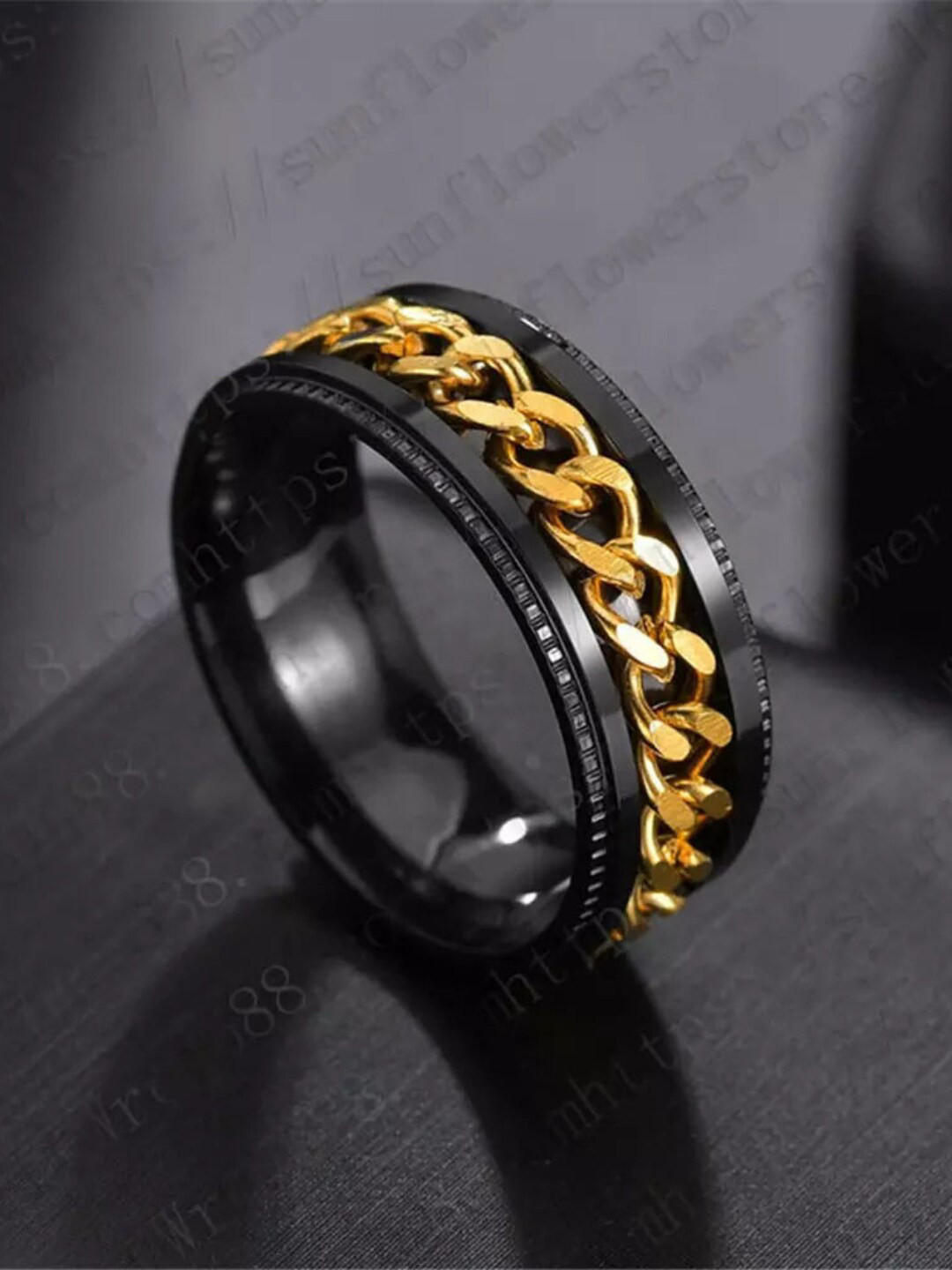 

Ethonica Men Brass-Plated & Textured Stainless-Steel Classic Band Finger Ring, Black