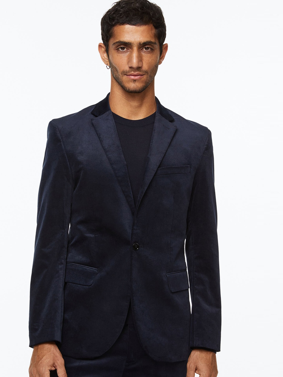 

H&M Men Slim-Fit Velvet Blazer, Navy blue