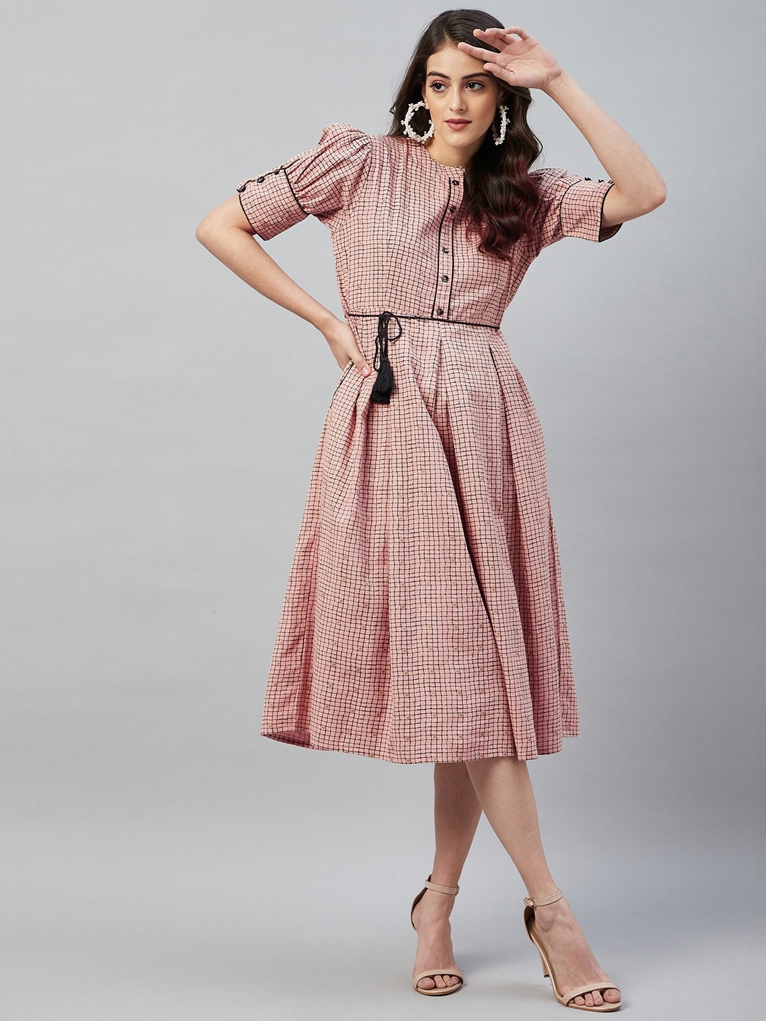 

Aaheli Checked Midi Cotton Dress, Peach