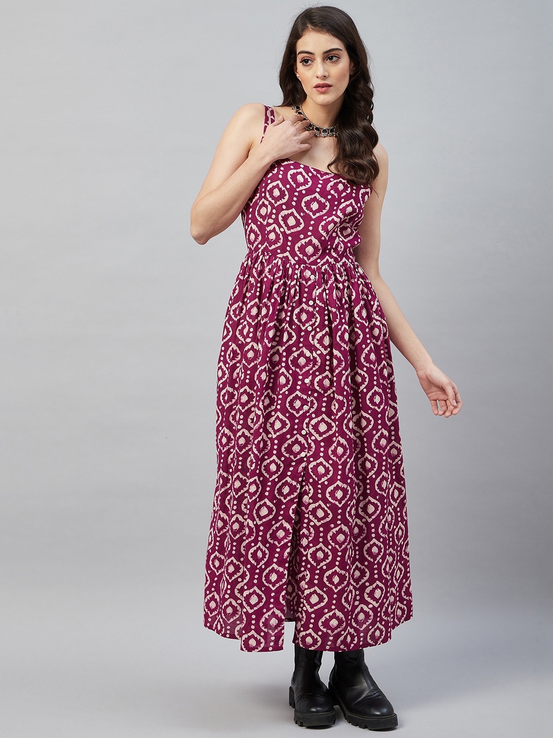 

Aaheli Ethnic Motifs Maxi Cotton Dress, Maroon