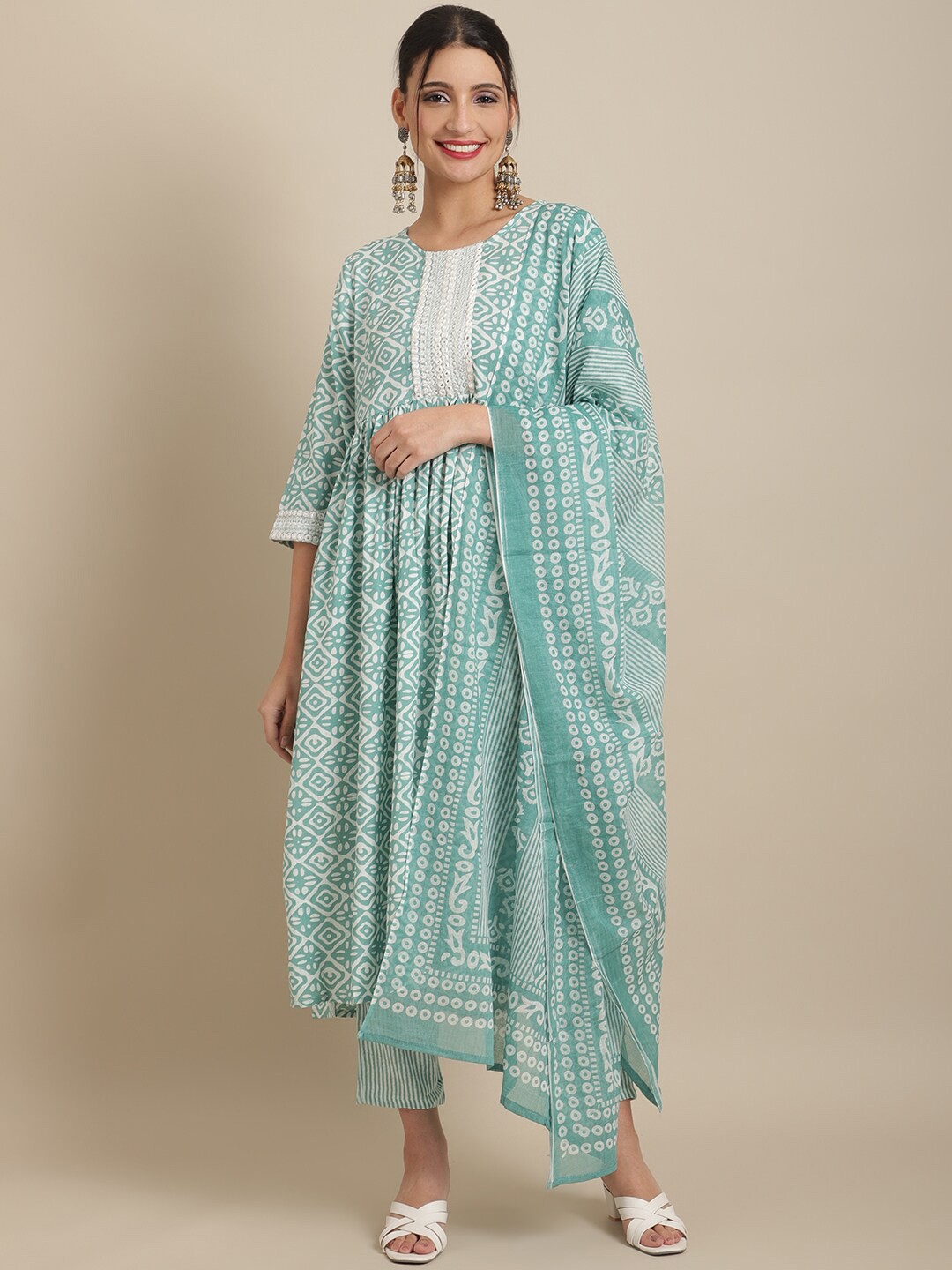 

Sangria Women Ethnic Motifs Striped Empire Kurta With Trousers & With Dupatta, Sea green