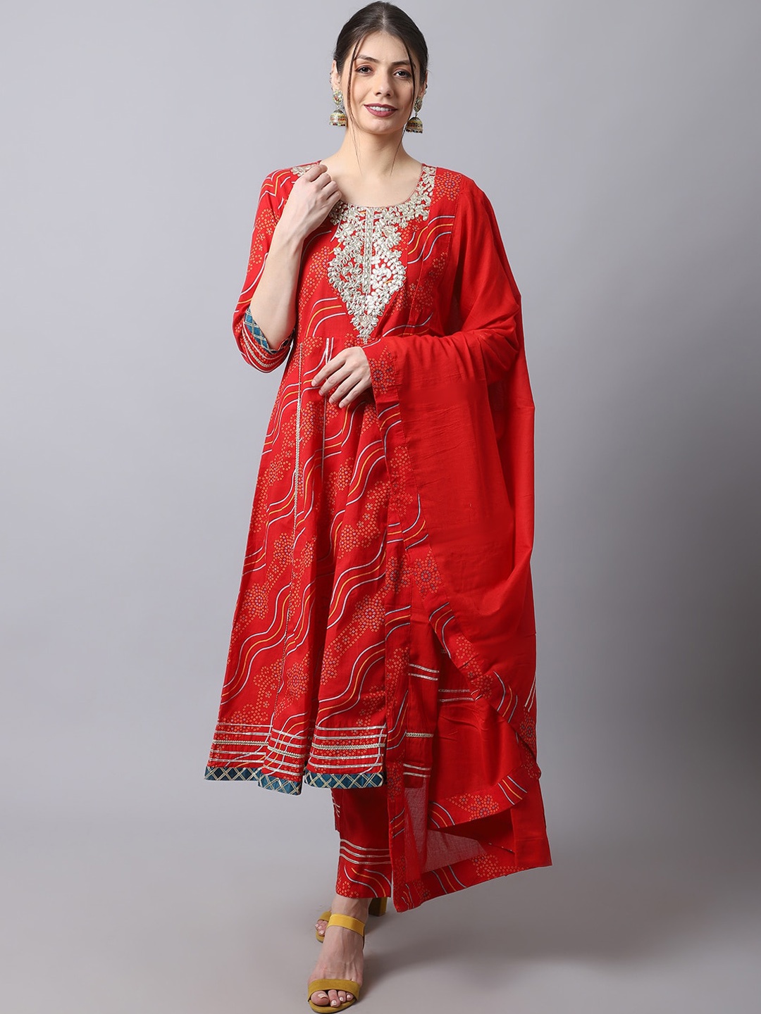 

Sangria Women Floral Embroidered Panelled Pure Cotton Kurta With Trousers & With Dupatta, Red