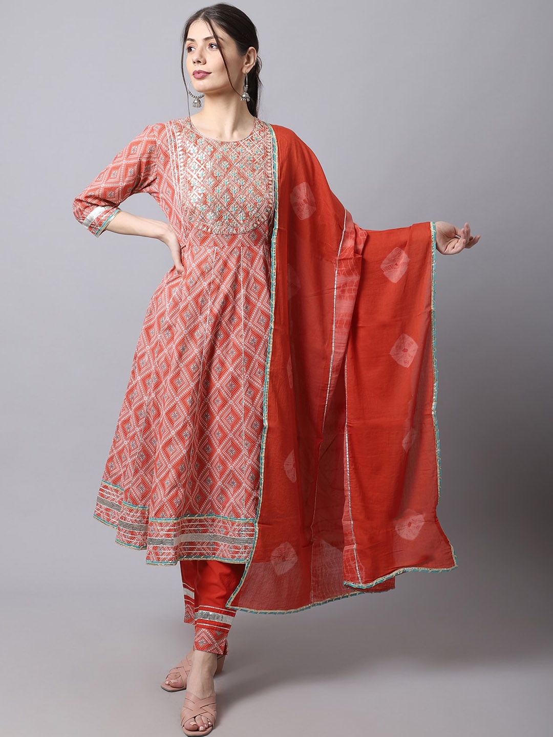 

Sangria Women Ethnic Motifs Embroidered Pure Cotton Kurti With Churidar & With Dupatta, Rust