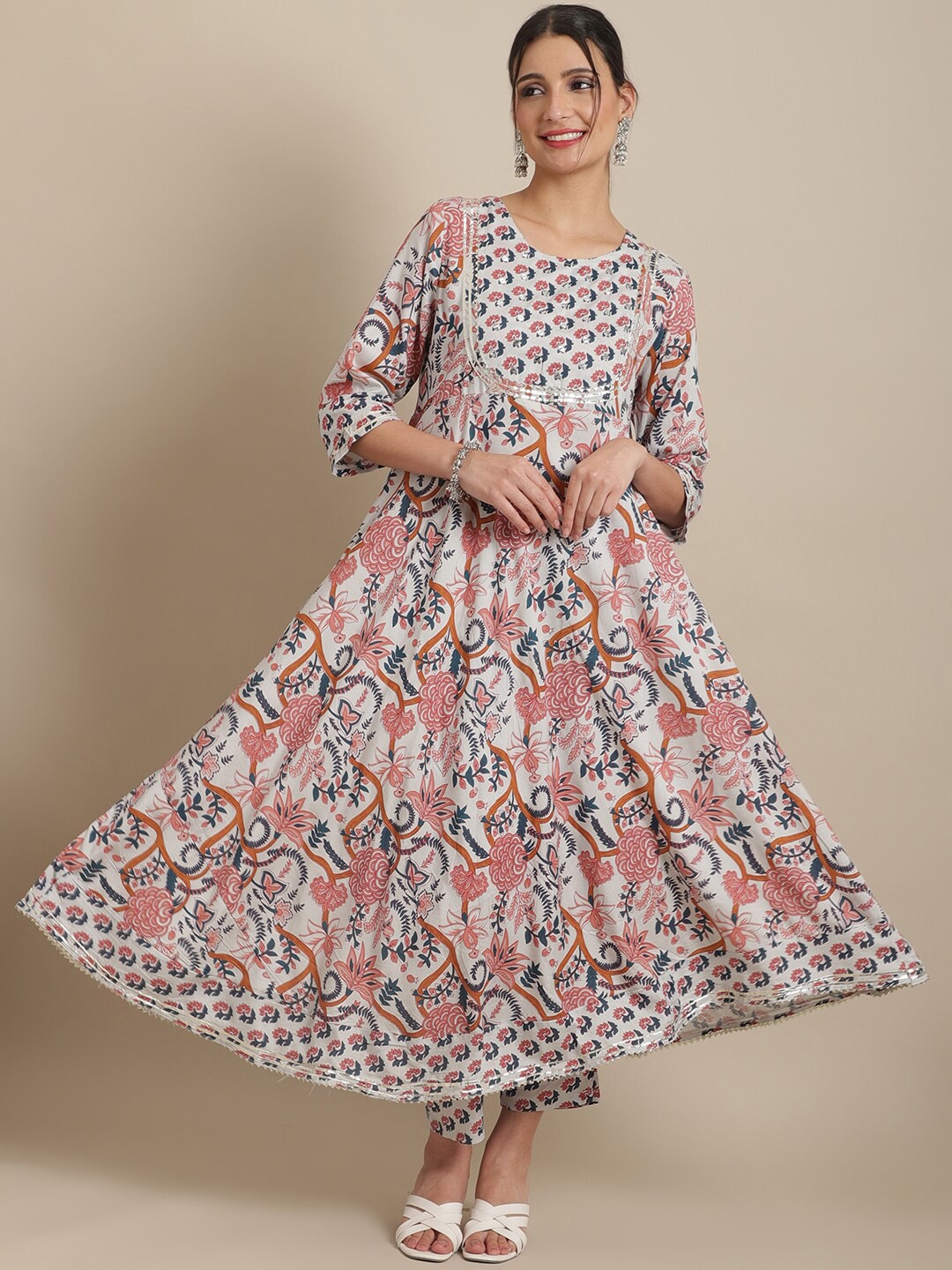 

Sangria Women Floral Printed Angrakha Kurta With Salwar & With Dupatta, White