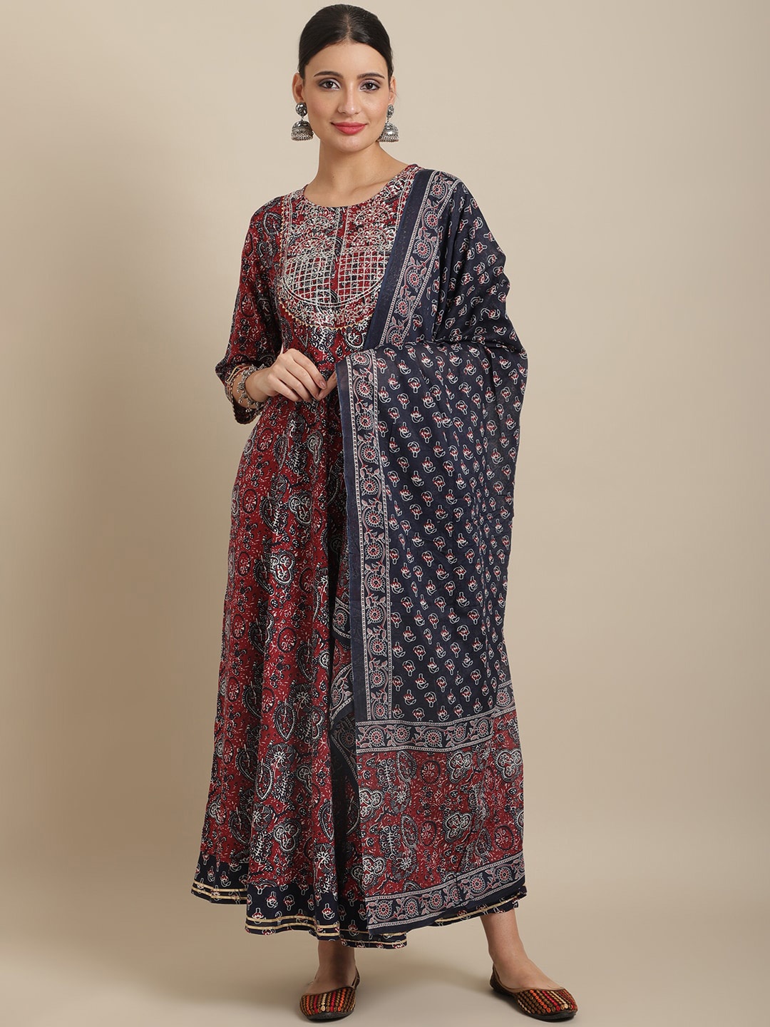 

Sangria Women Ethnic Motifs Embroidered Pleated Kurta With Trousers & With Dupatta, Red