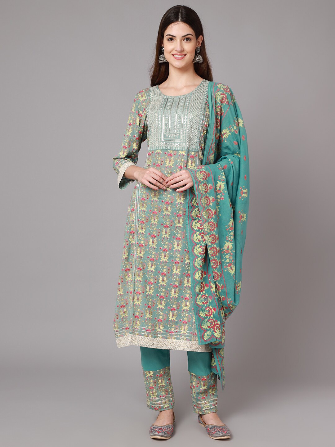 

Sangria Women Floral Embroidered Sequinned Kurta With Trousers & With Dupatta, Blue