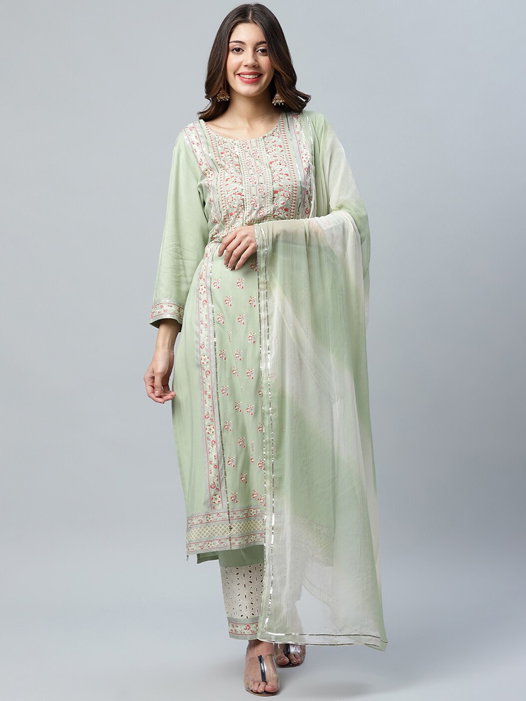 

Sangria Women Green Floral Printed Gotta Patti Kurta with Trousers & With Dupatta