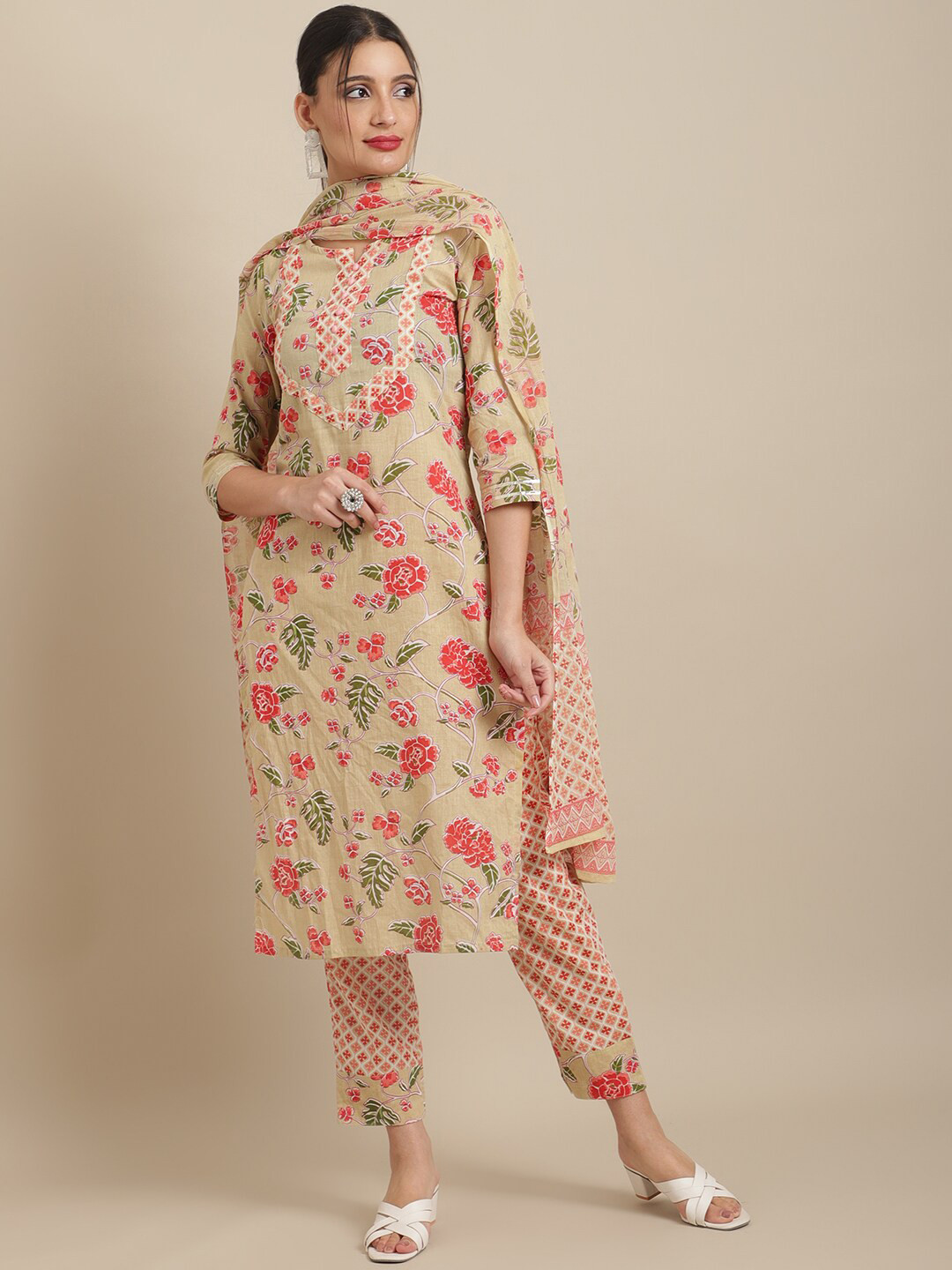 

Sangria Women Printed Pure Cotton Kurta with Trousers & With Dupatta, Beige