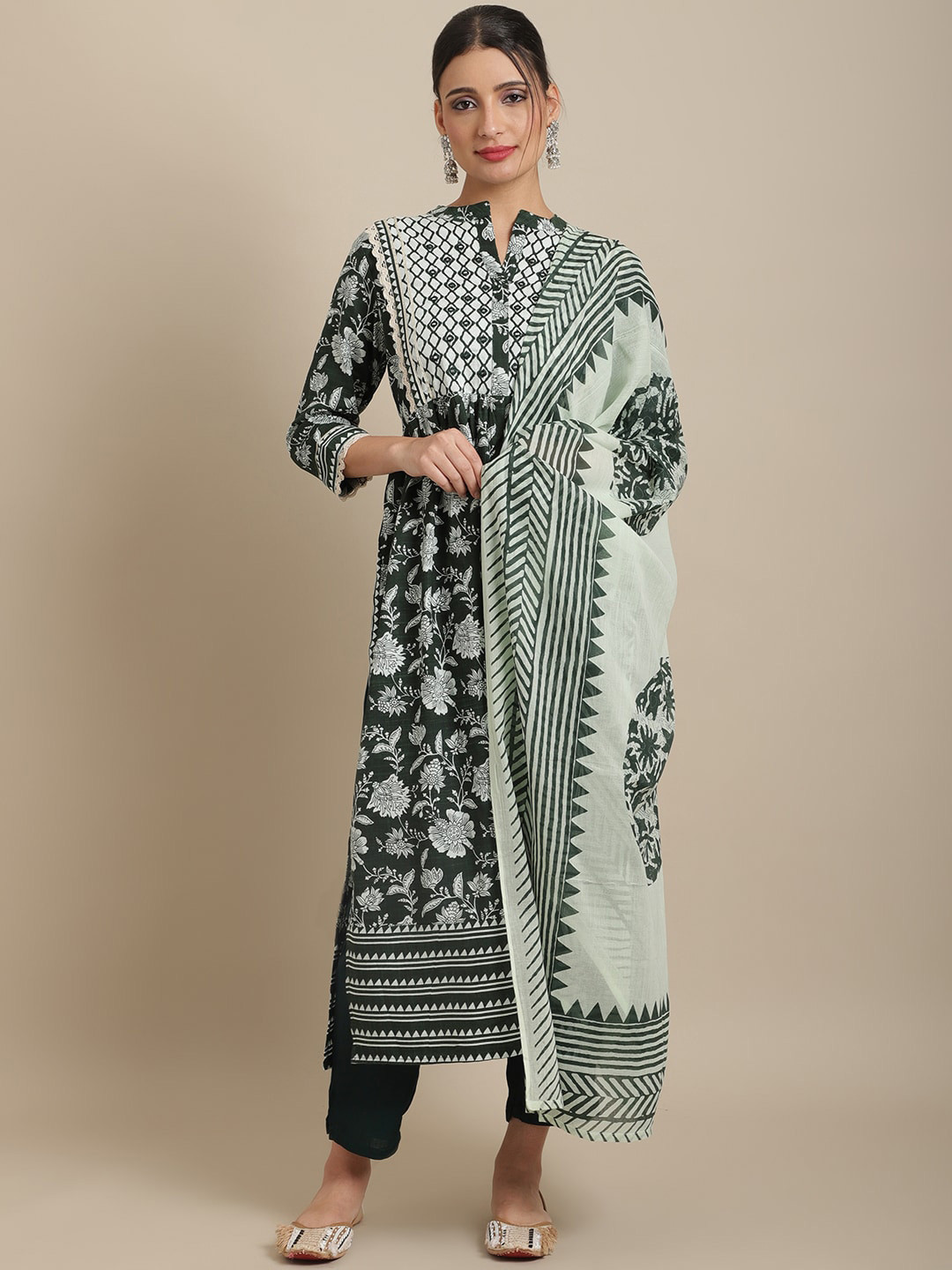 

Sangria Women Floral Embroidered Panelled Kurta with Trousers & With Dupatta, Green