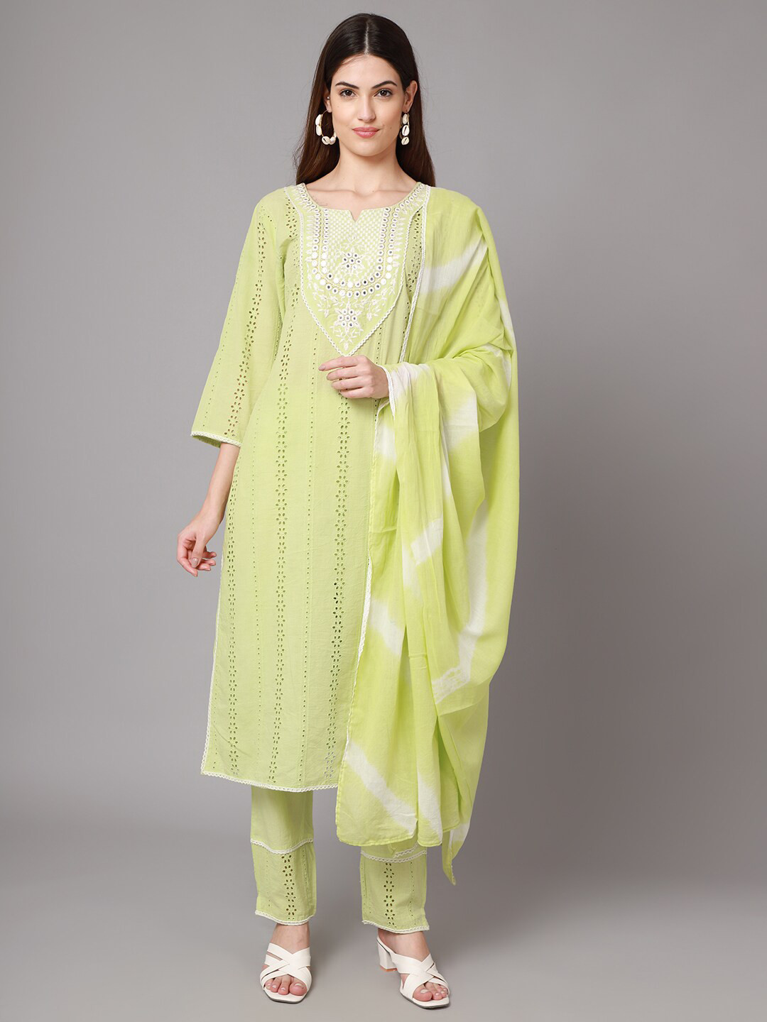 

Sangria Embroidered Pure Cotton Straight Kurta with Trousers & With Dupatta, Lime green