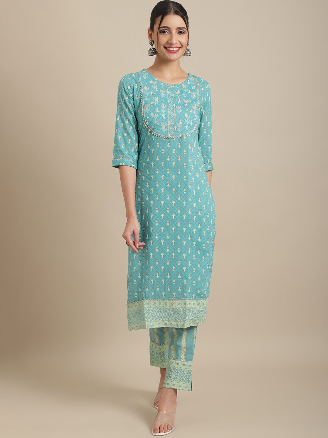 

Sangria Women Blue Ethnic Motifs Printed Pure Cotton Kurta with Trousers