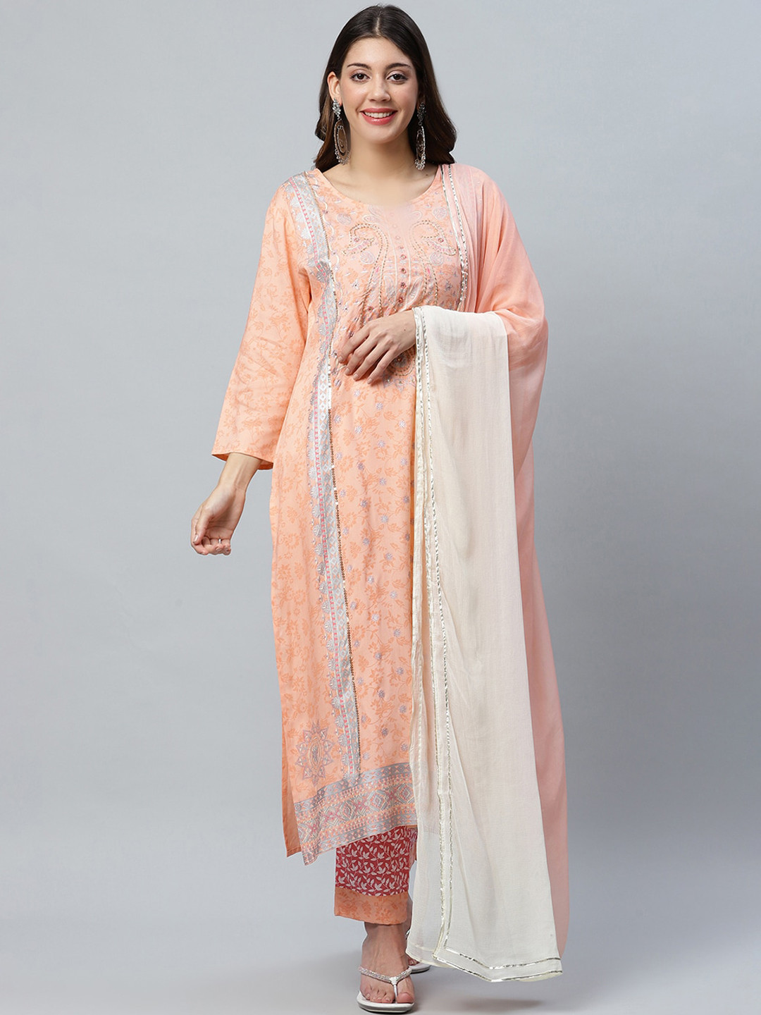

Sangria Women Printed Gotta Patti Kurta with Trousers & With Dupatta, Peach