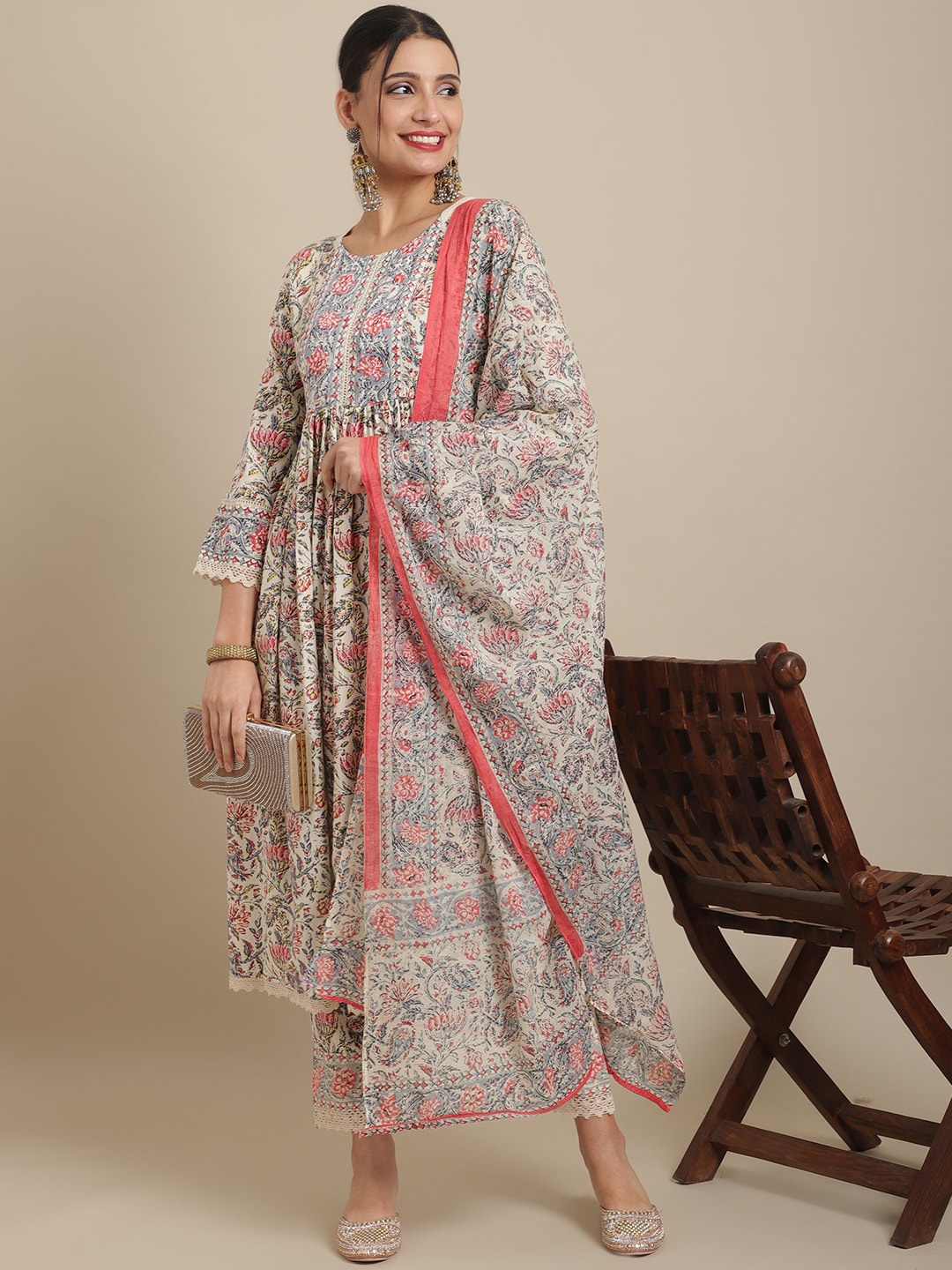 

Sangria Women Printed Thread Work Kurta with Trousers & With Dupatta, White