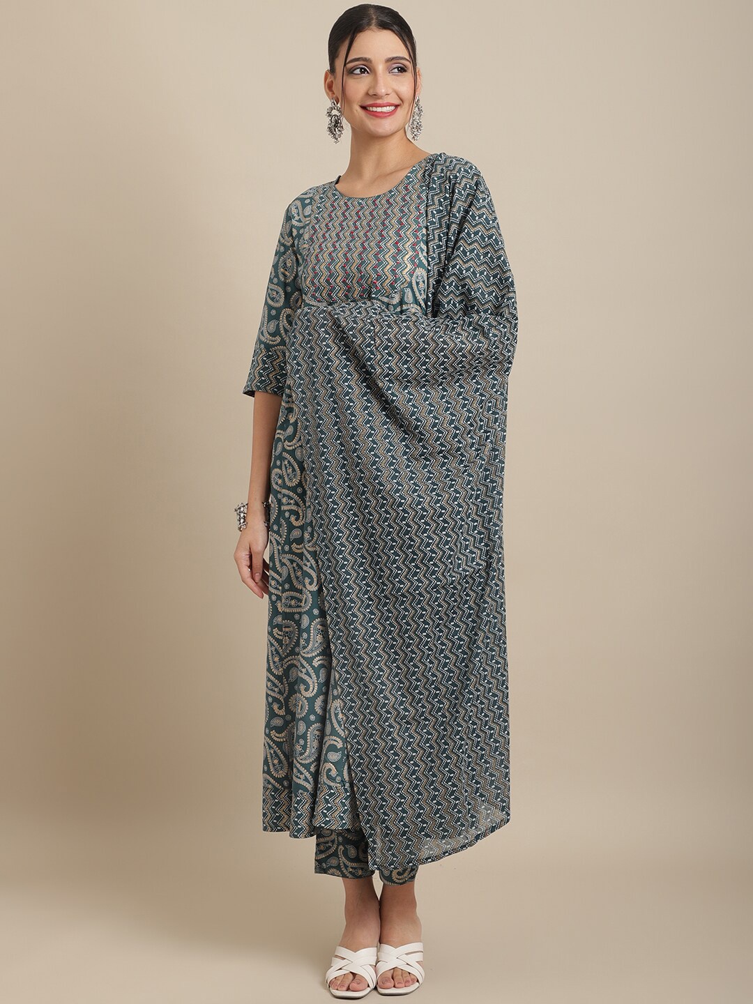 

Sangria Paisley Printed Pleated Thread Work Kurta with Trousers & With Dupatta, Green