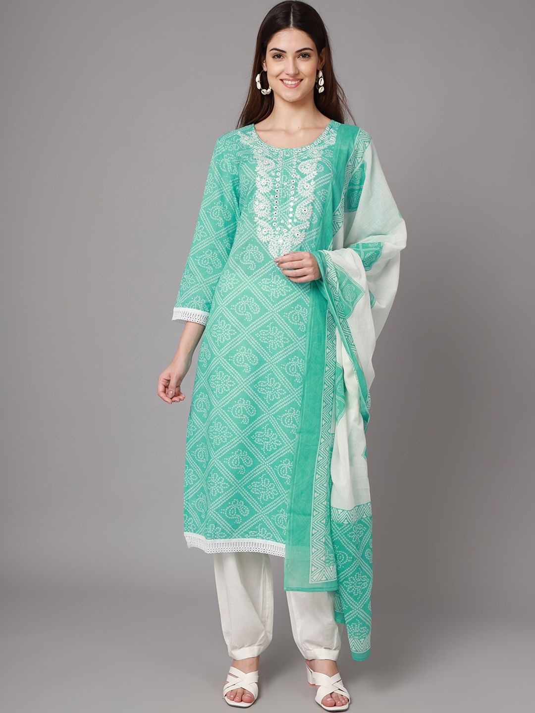 

Sangria Ethnic Motifs Yoke Design Mirror Work Pure Cotton Kurti with Salwar & With, Turquoise blue