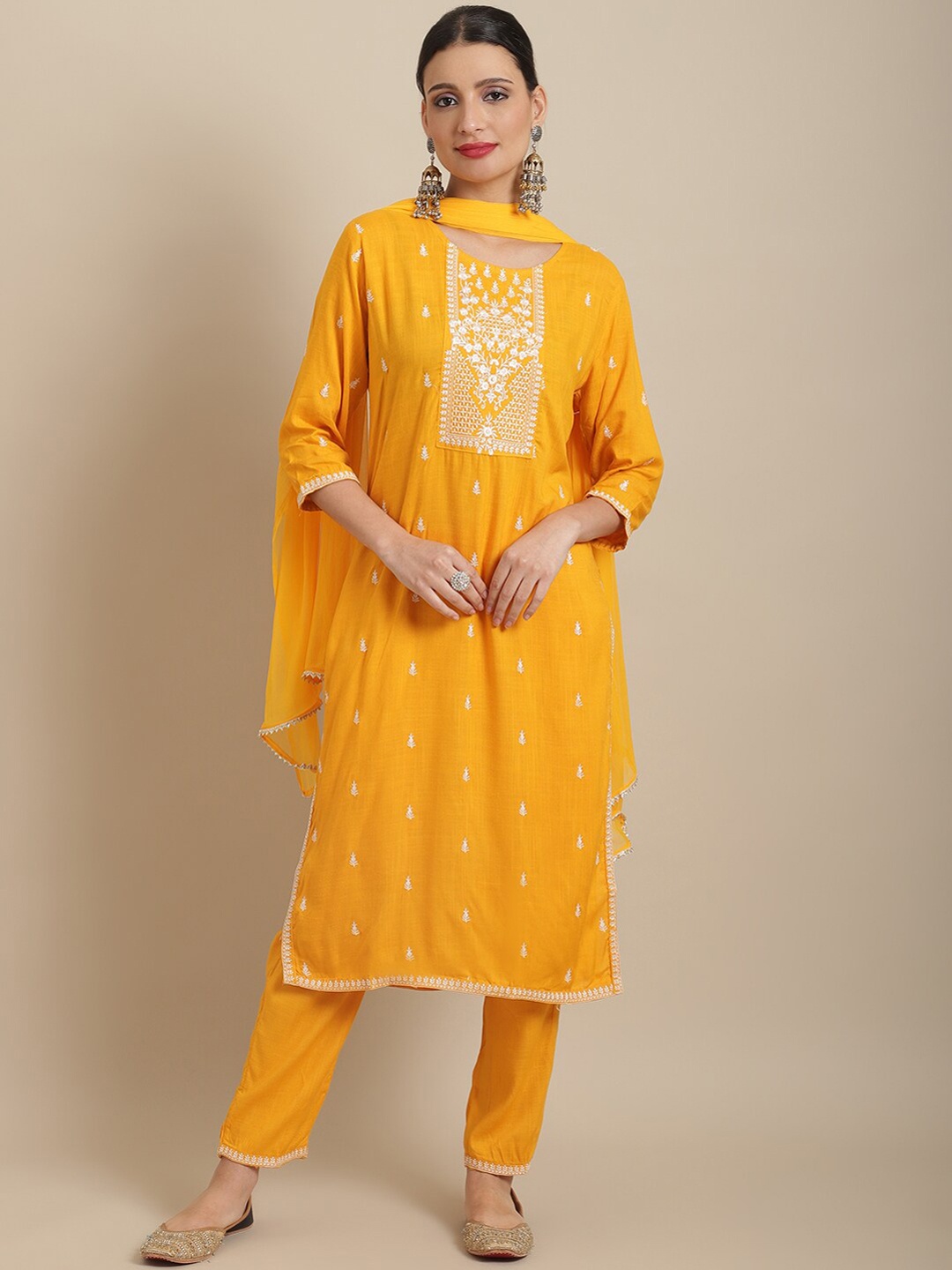 

Sangria Floral Embroidered Thread Work Kurta with Trousers, Mustard