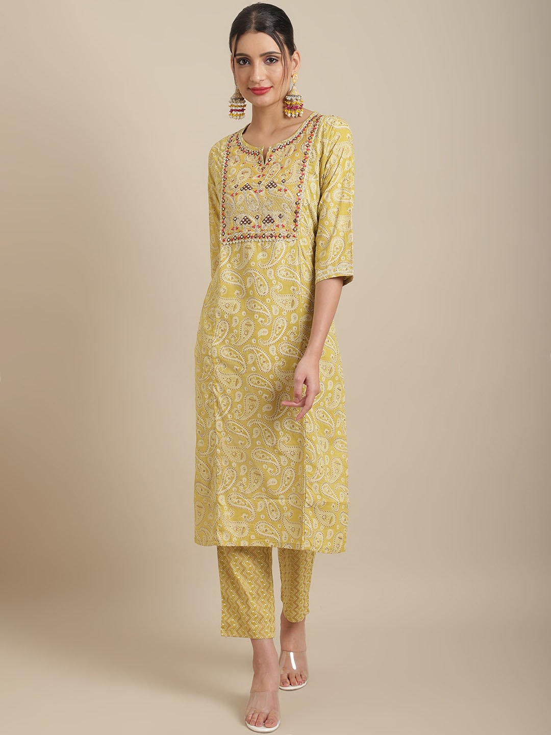 

Sangria Women Paisley Printed Mirror Work Pure Cotton Kurta with Trousers, Mustard