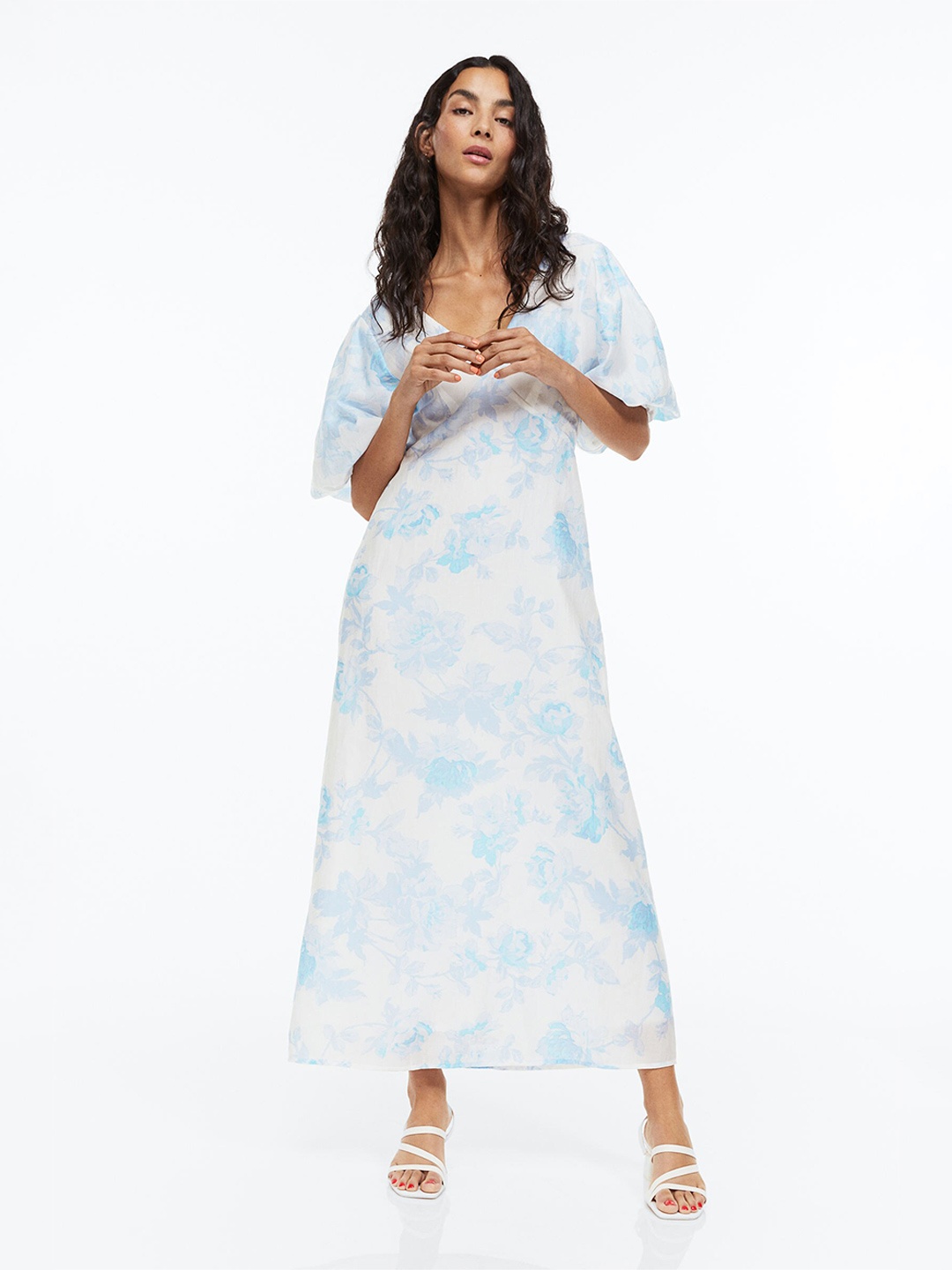 

H&M Puff-Sleeved Lyocell-Blend Dress, Blue