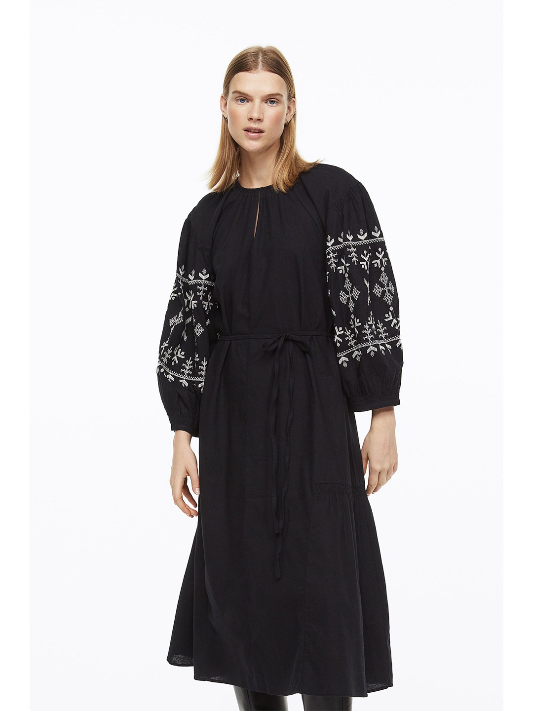 

H&M Embroidered Tie-Belt Dress, Black