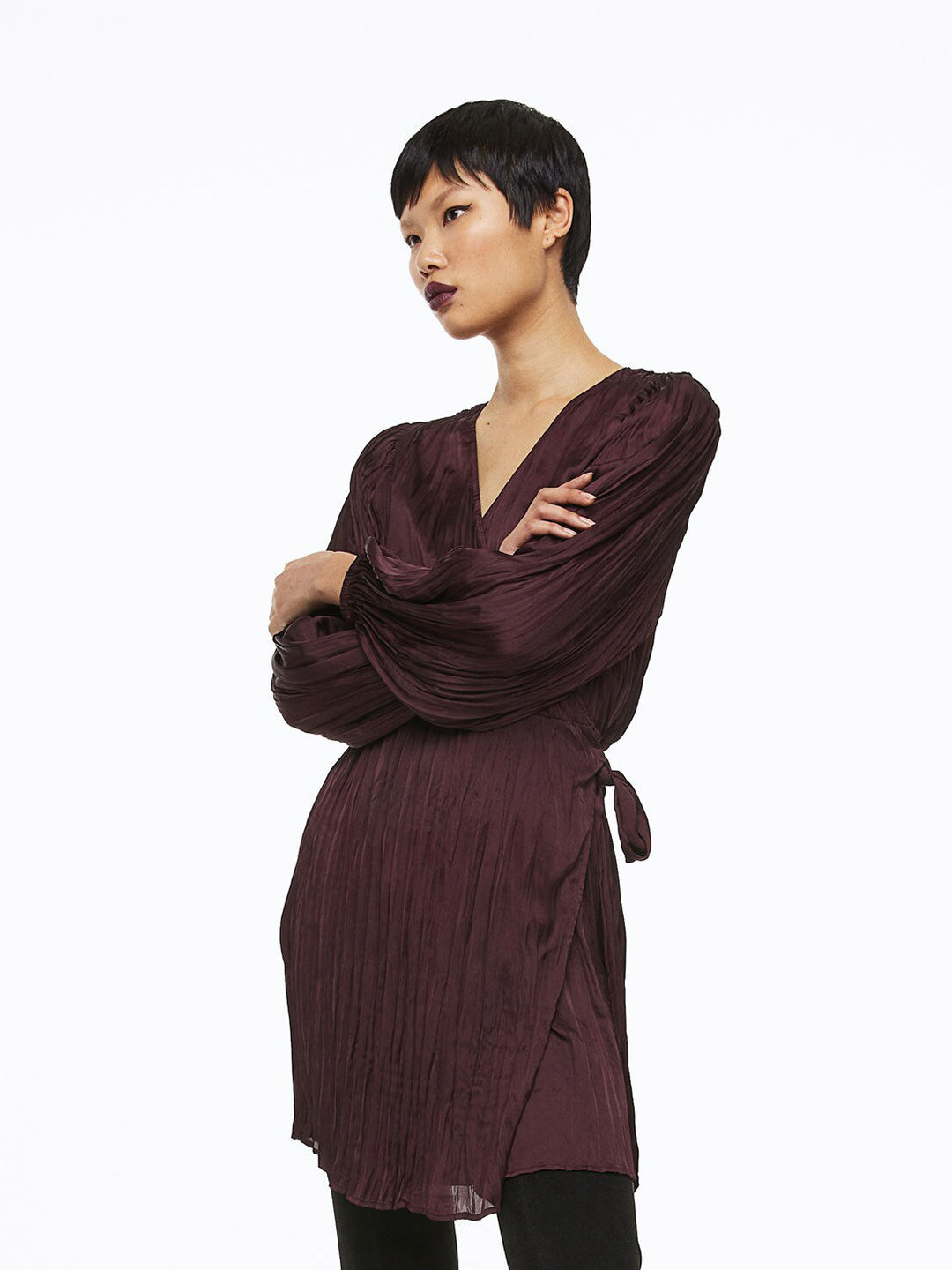 

H&M Balloon-Sleeved Wrapover Dress, Red
