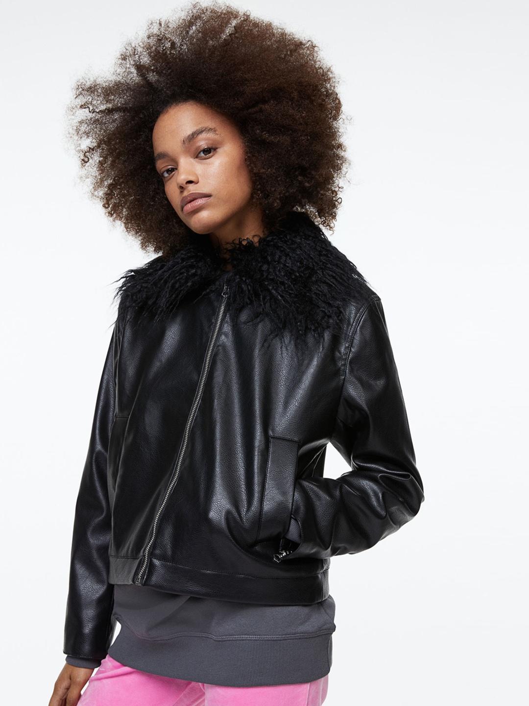 

H&M Women Fluffy-Collared Jacket, Black