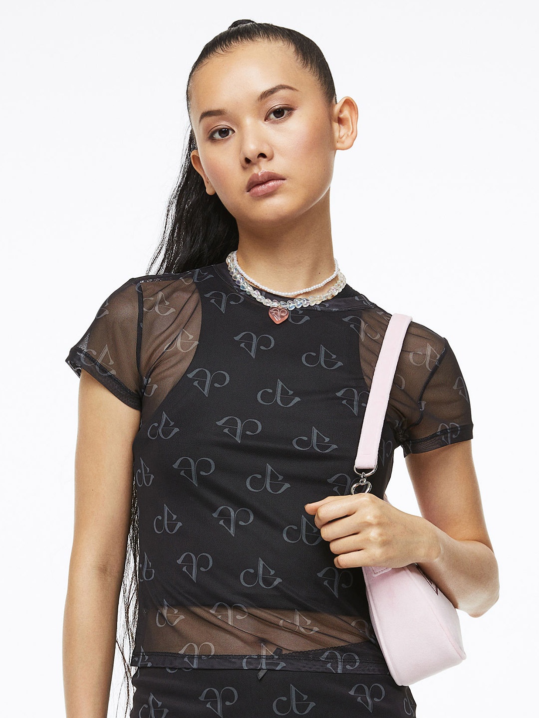 

H&M Patterned Mesh Top, Black