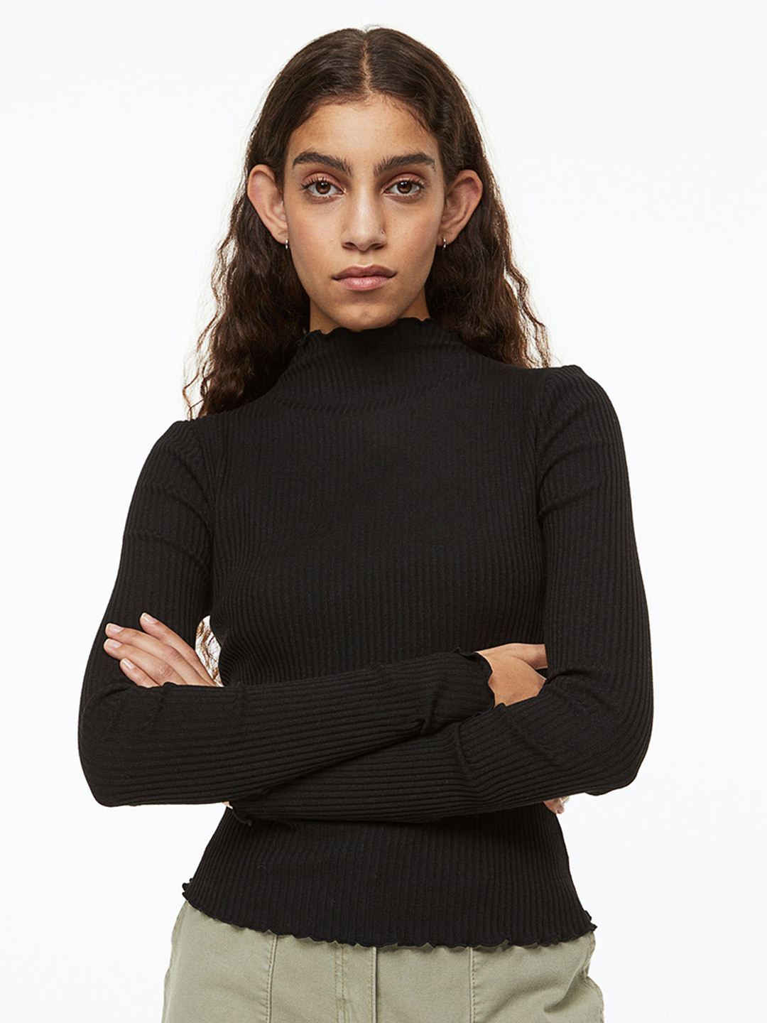 

H&M Long-Sleeved Ribbed Top, Black