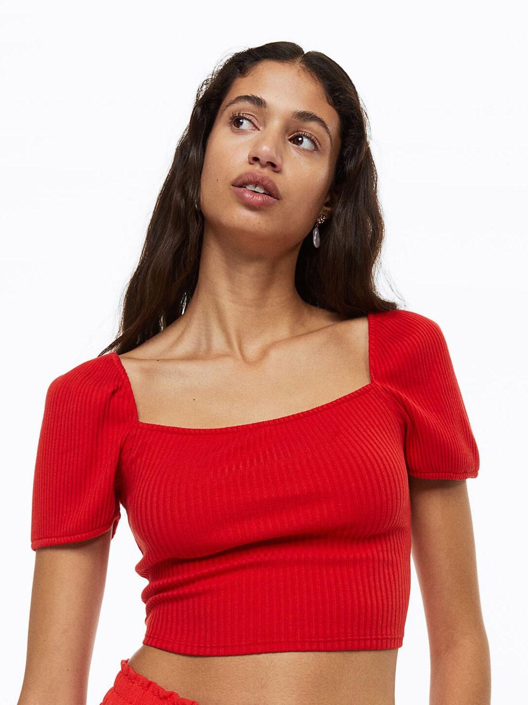 

H&M Puff-Sleeved Ribbed Top, Red