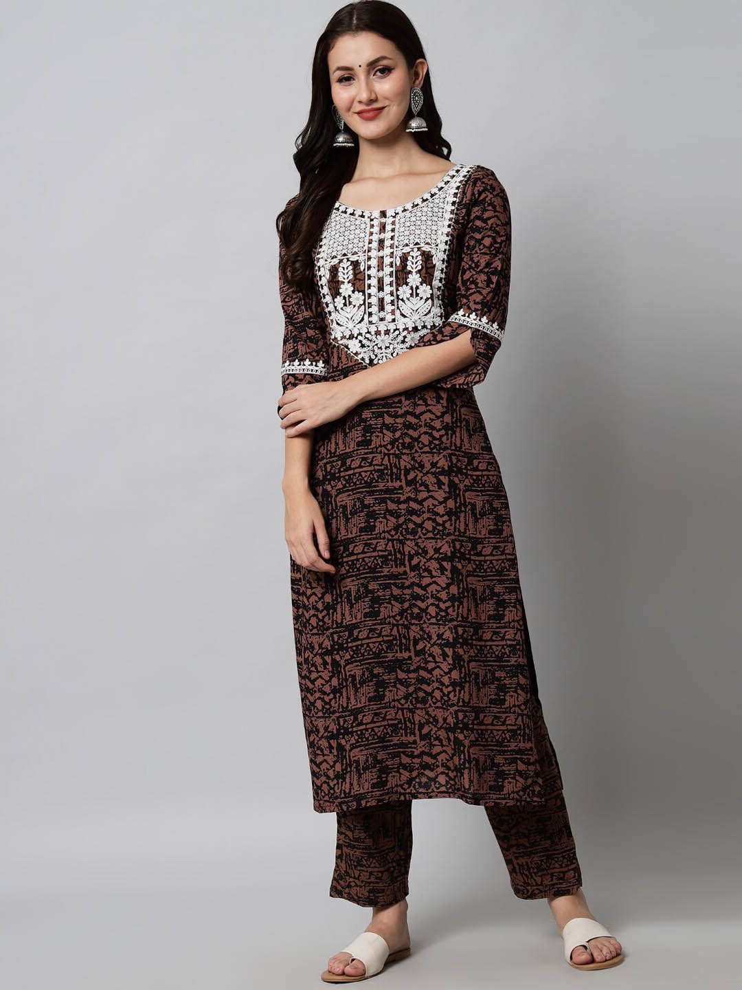

KALINI Women Embroidered Thread Work Kurta & Trousers, Brown