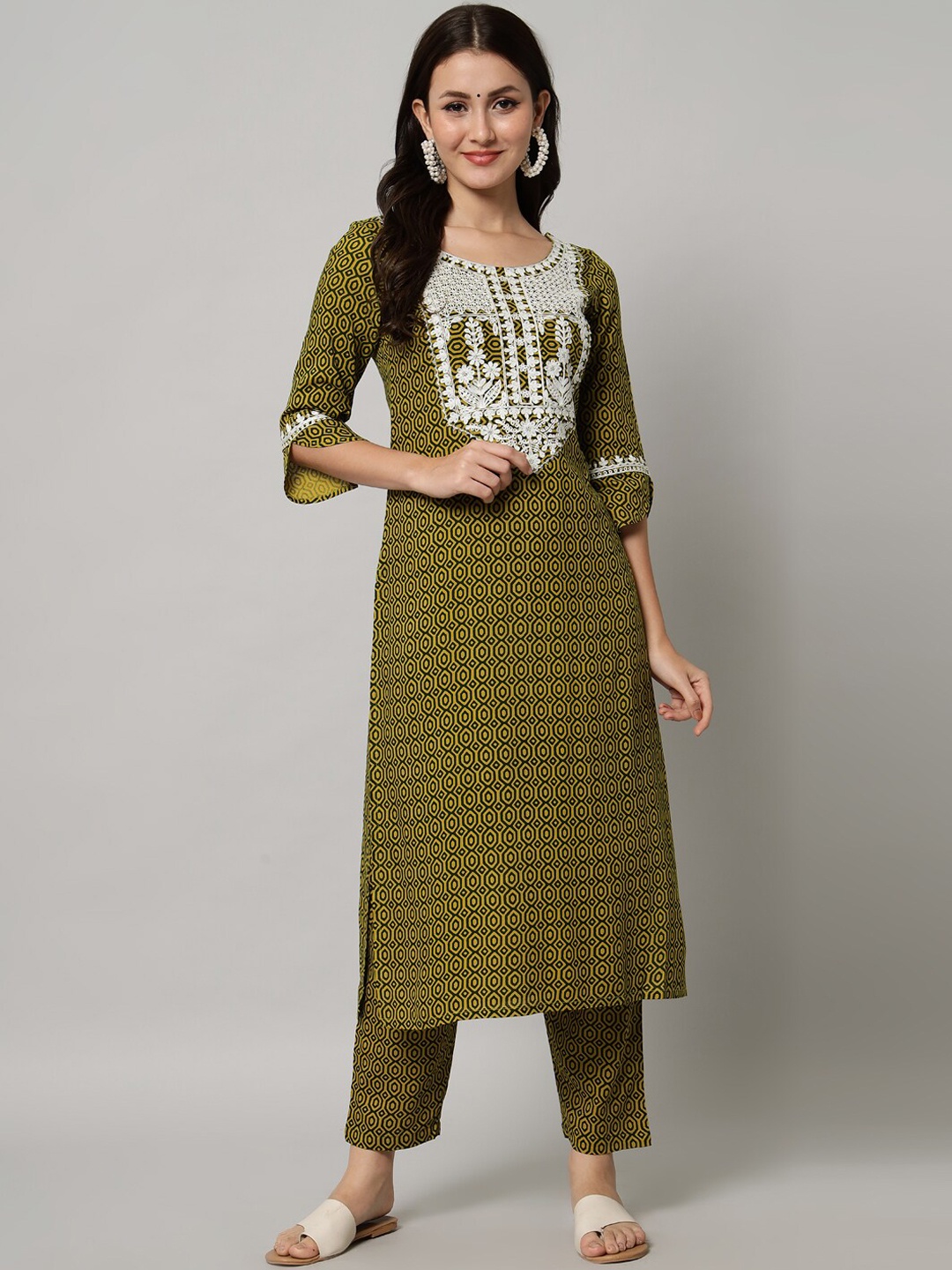 

KALINI Women Printed Thread Work Kurta with Trousers, Green
