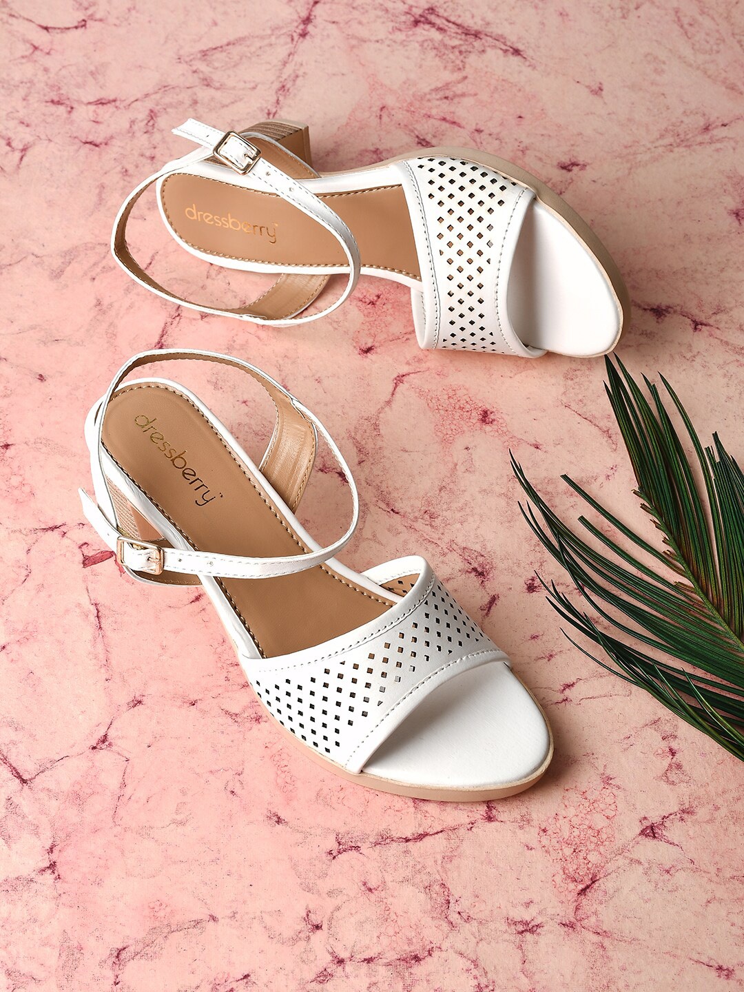 

DressBerry Textured Block Sandals with Buckles, White