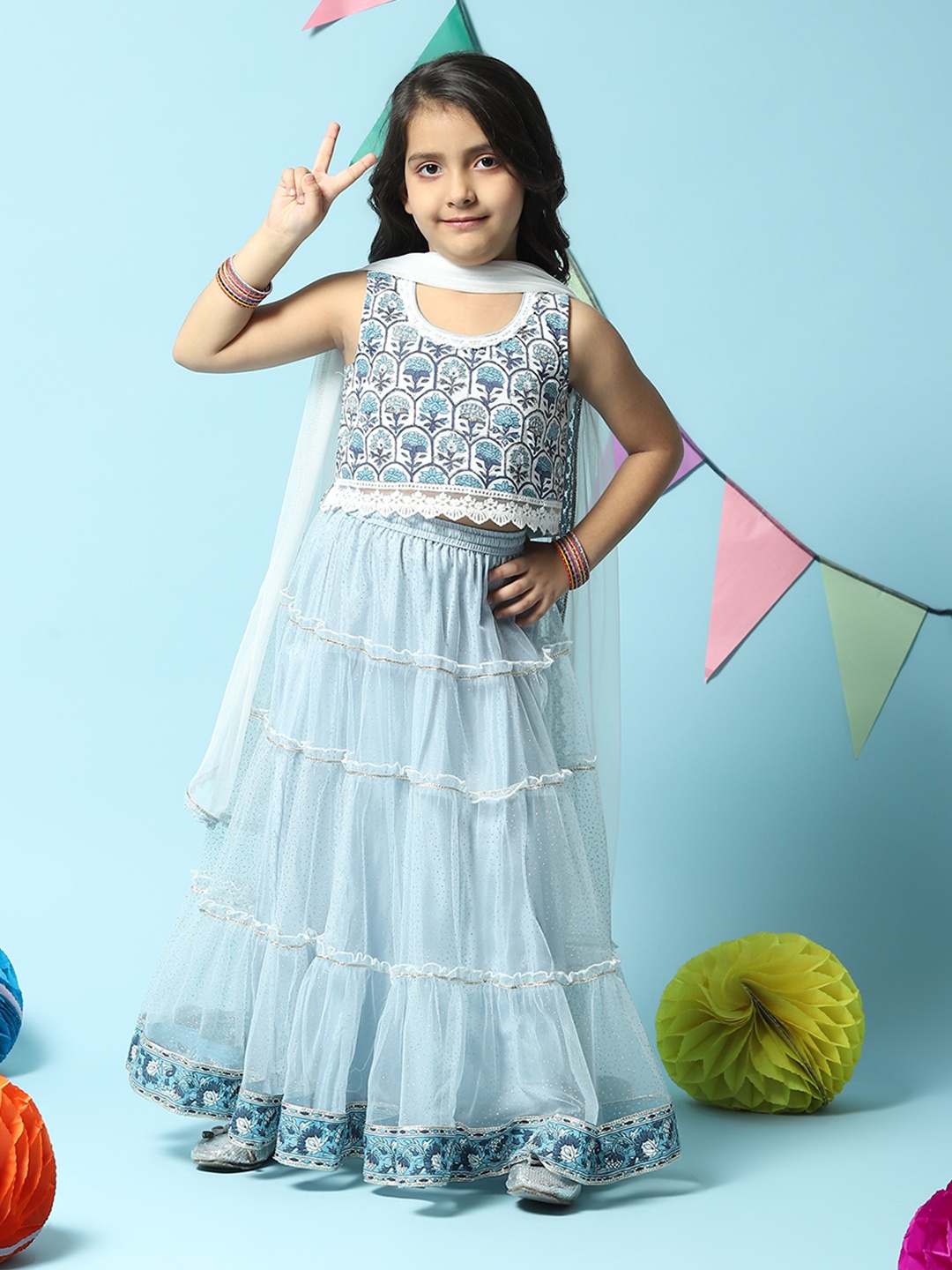

Biba Girls Printed Ready to Wear Lehenga & Blouse With Dupatta, Blue