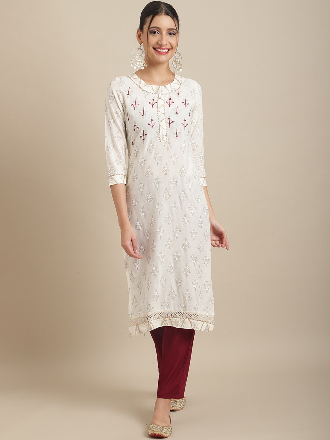 

Sangria Women Ethnic Motifs Embroidered Mirror Work Kurta with Trouser Set, White