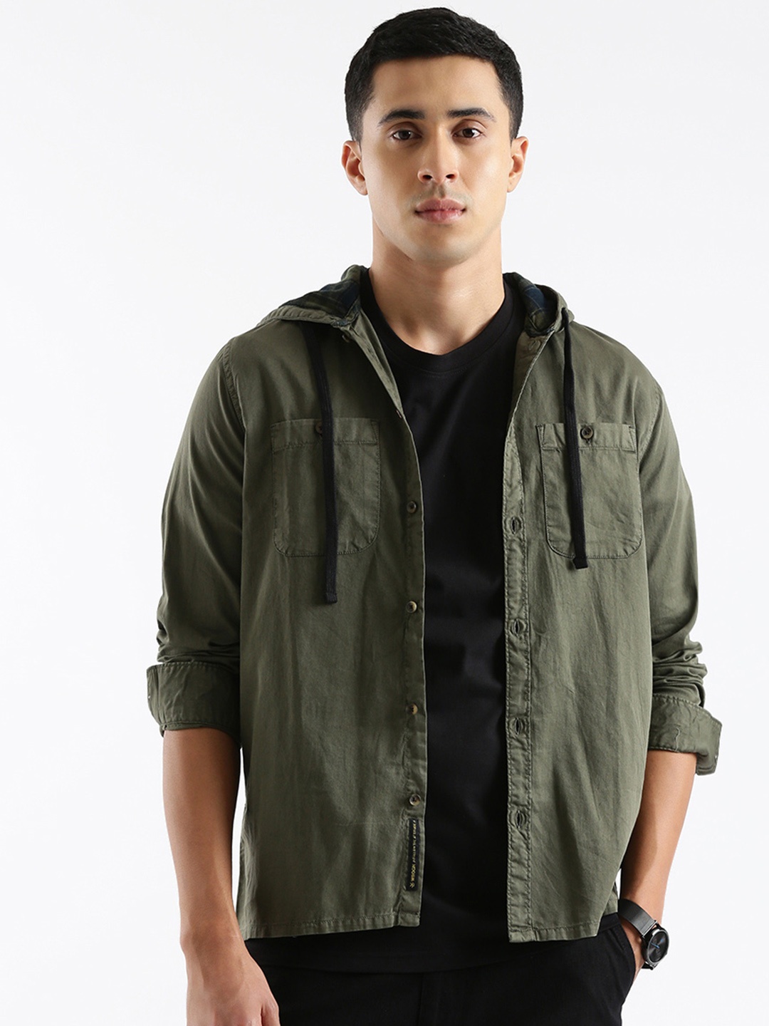 

WROGN Men Green Hodded Pure Cotton Casual Shirt, Olive