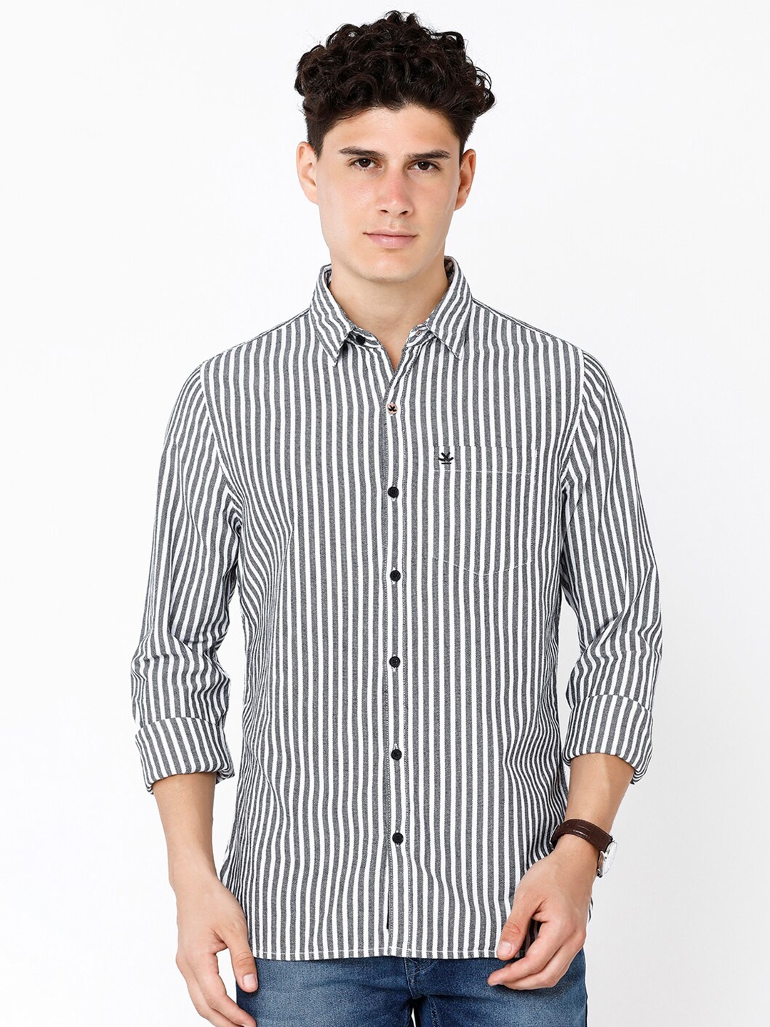 

WROGN Slim Fit Striped Pure Cotton Casual Shirt, Black