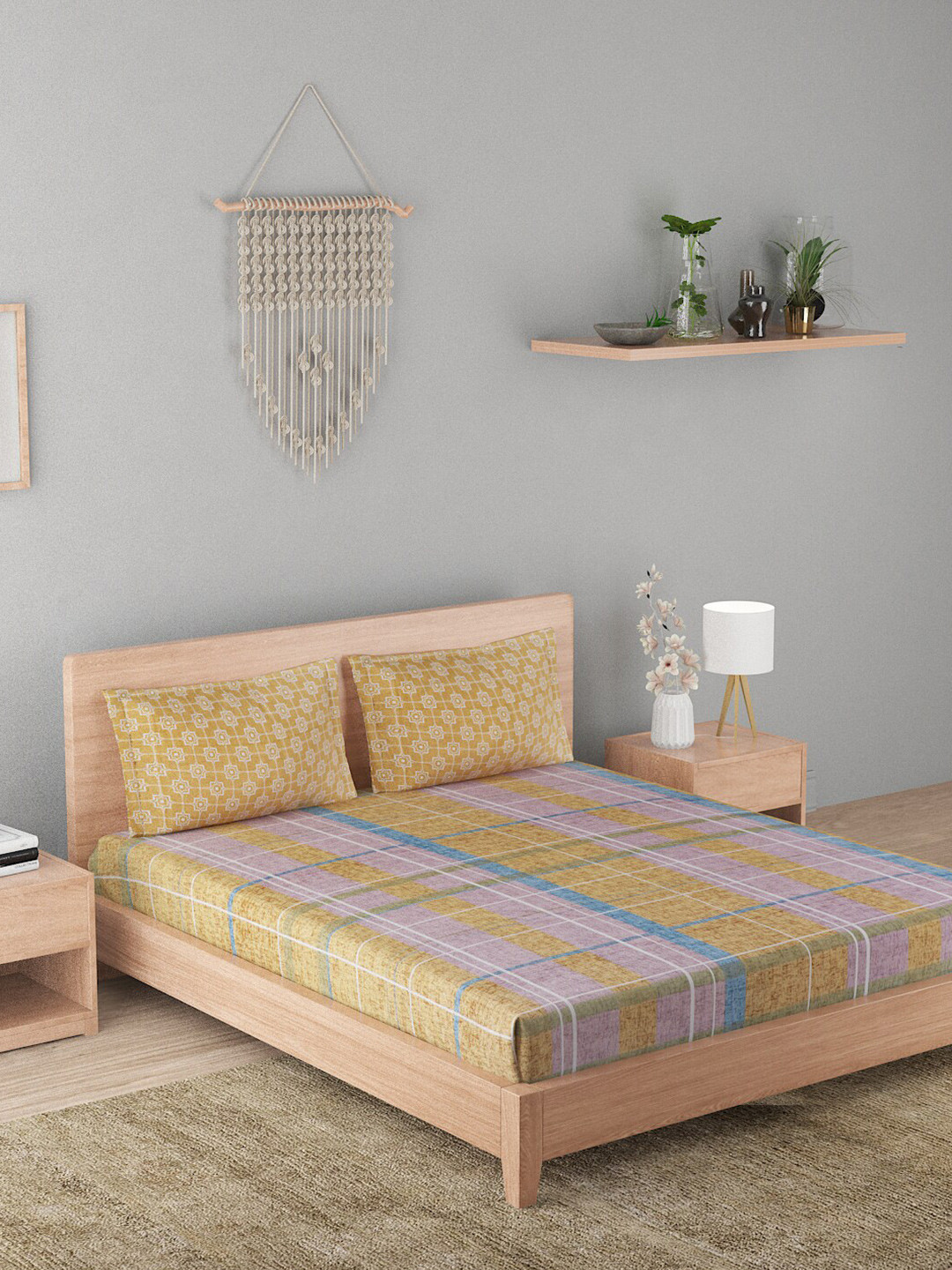 

A Homes Grace Lilac Yellow & Blue Striped 144 TC Cotton Queen Bedsheet with 2 Pillow Covers
