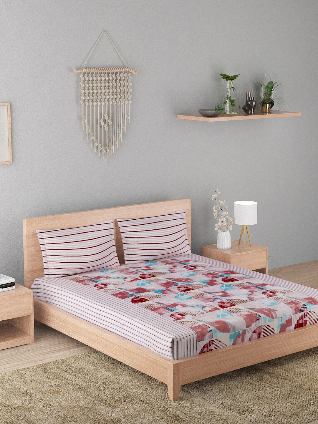 

A Homes Grace Lilac Pink & Blue Geometric 144 TC Cotton Queen Bedsheet with 2 Pillow Covers