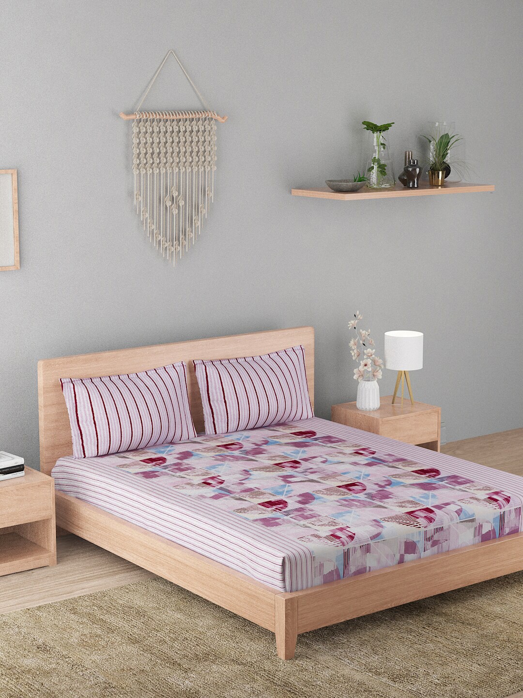 

A Homes Grace Lilac Purple & Pink Geometric 144 TC Cotton Queen Bedsheet with 2 Pillow Covers