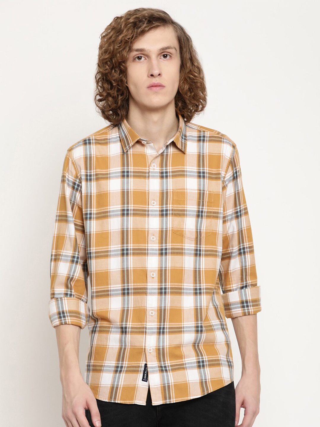 

METTLE Men Tartan Checks Cotton Casual Shirt, Yellow