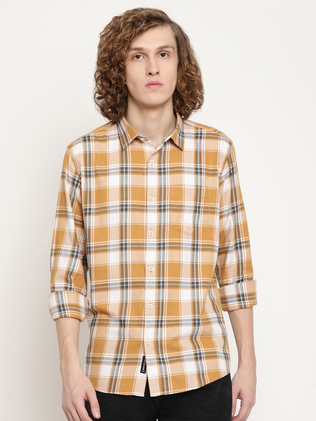 

METTLE Men Tartan Checks Cotton Casual Shirt, Yellow