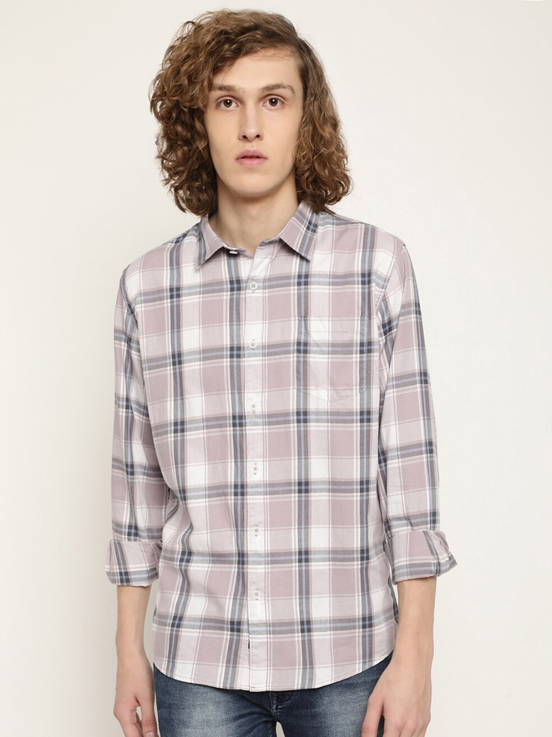 

METTLE Men Tartan Checks Cotton Casual Shirt, Pink