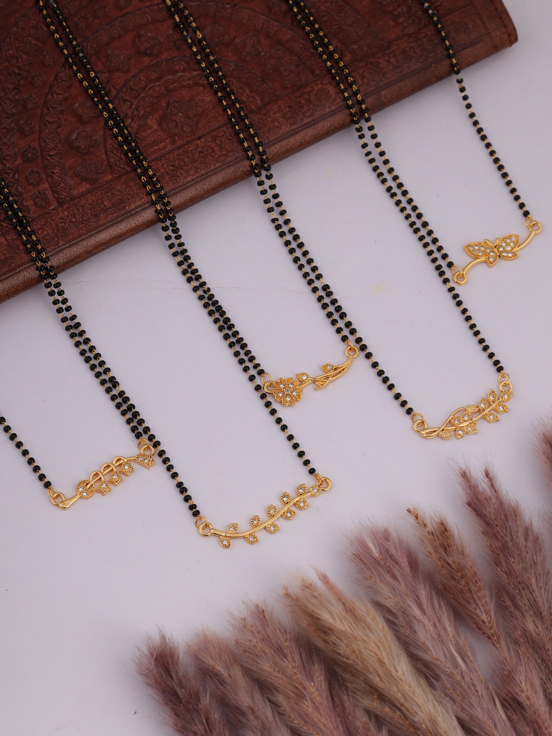 

Brado Jewellery Set Of 5 Gold-Plated Stone-Studded & Beaded Mangalsutra