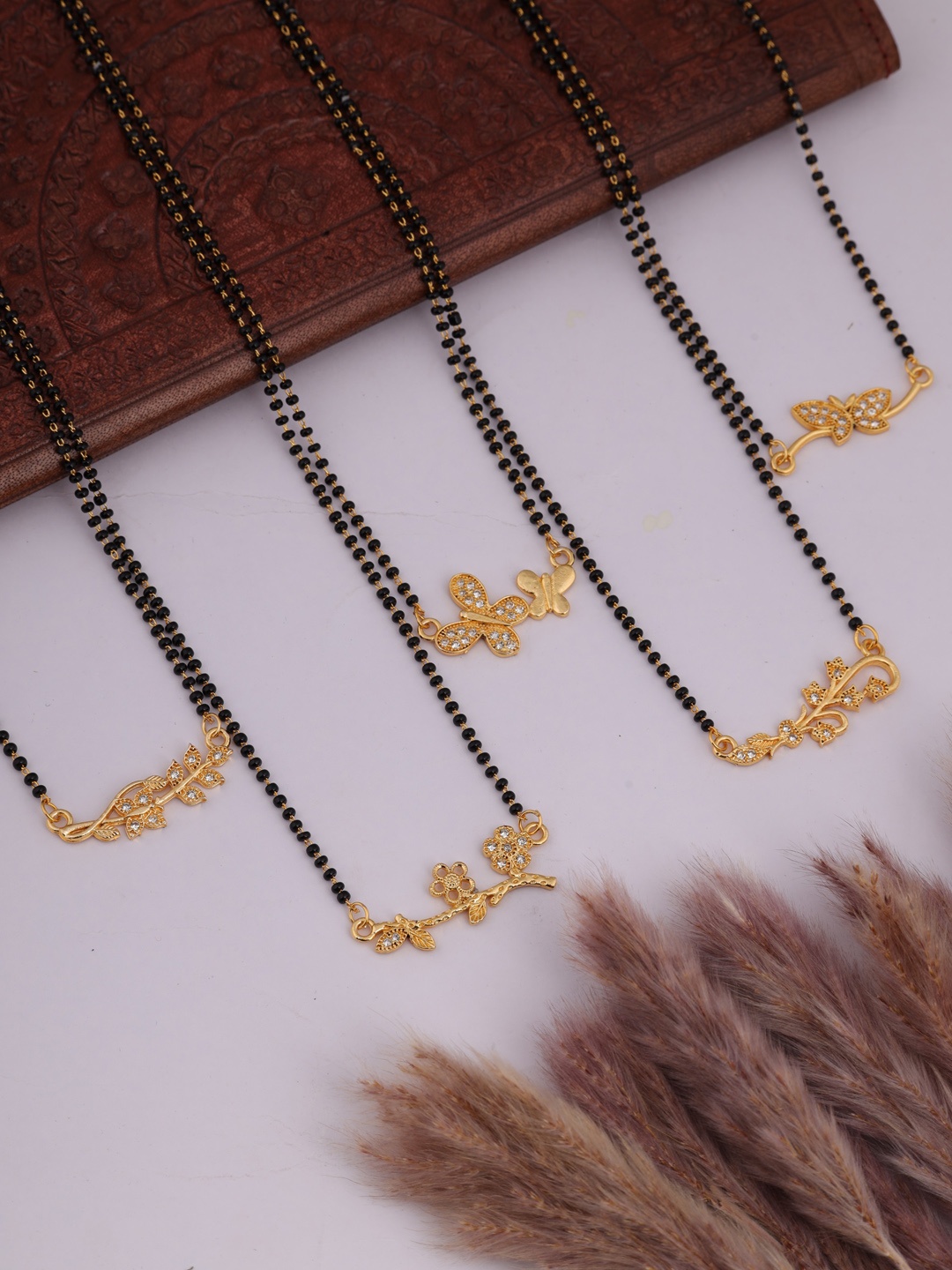 

Brado Jewellery Set Of 5 Gold-Plated & Ad Studded & Beaded Mangalsutra