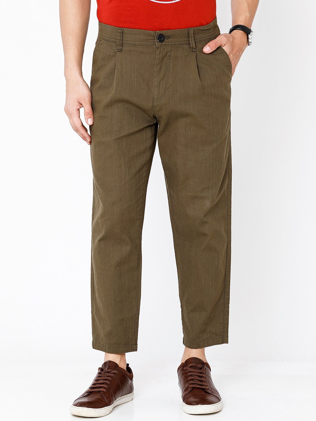 

WROGN Men Pleated Regular Fit Trouser, Olive