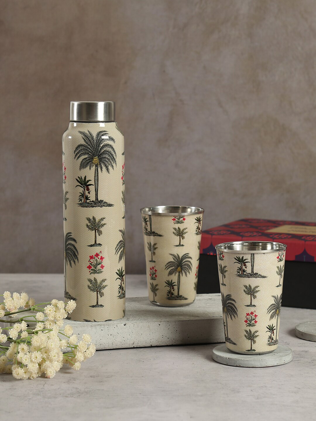 

India Circus by Krsnaa Mehta Set Of 3 Printed Stainless Steel Bottle and Tumblers 950 ml, Beige