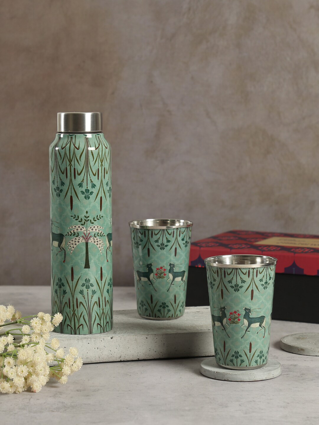 

India Circus by Krsnaa Mehta Green Pack Of 3 Stainless Steel Water Bottles With Tumblers, Teal